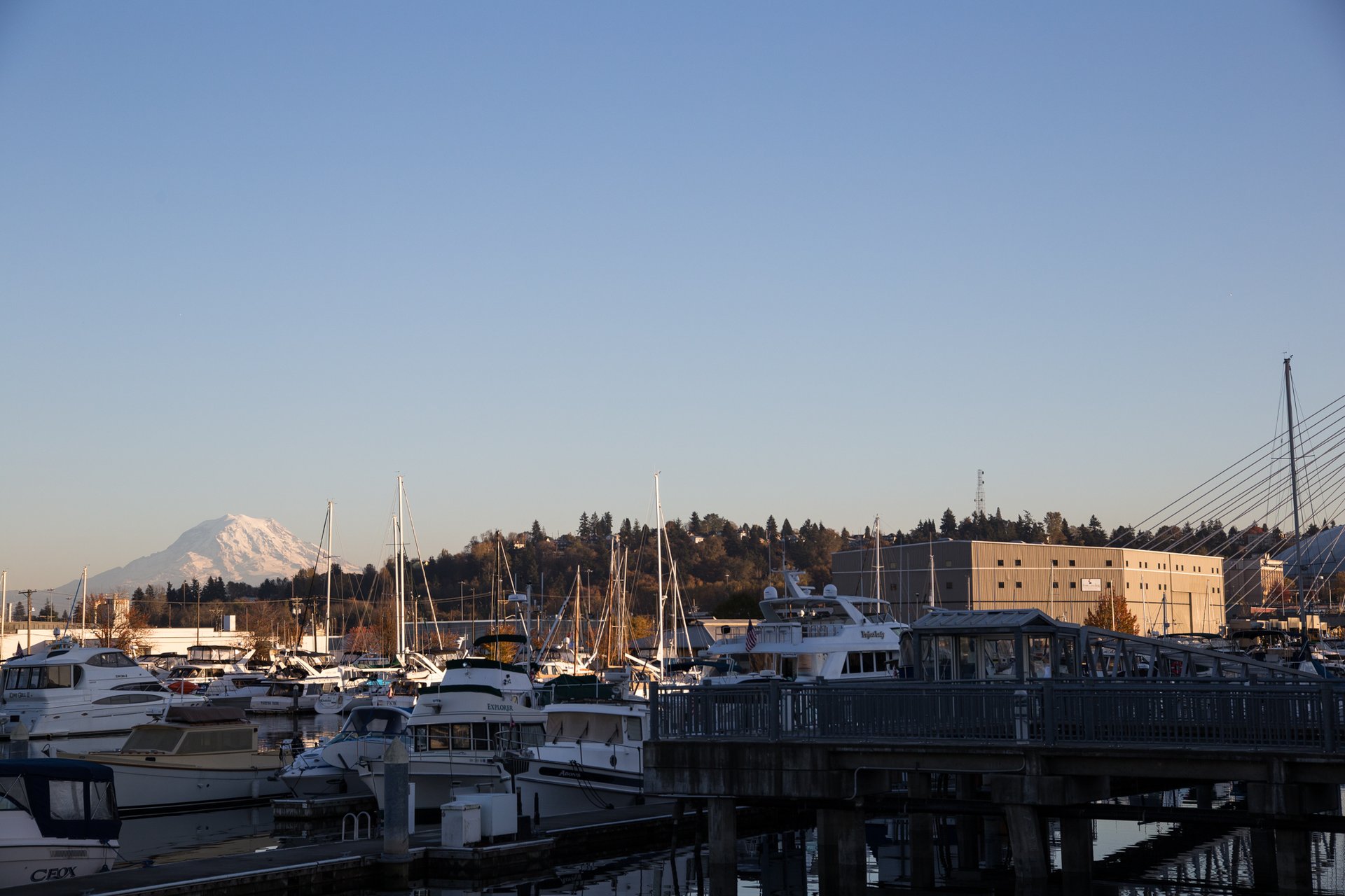 Thea Foss Waterway marina with Mount Rainier beyond, Tacoma, Washington