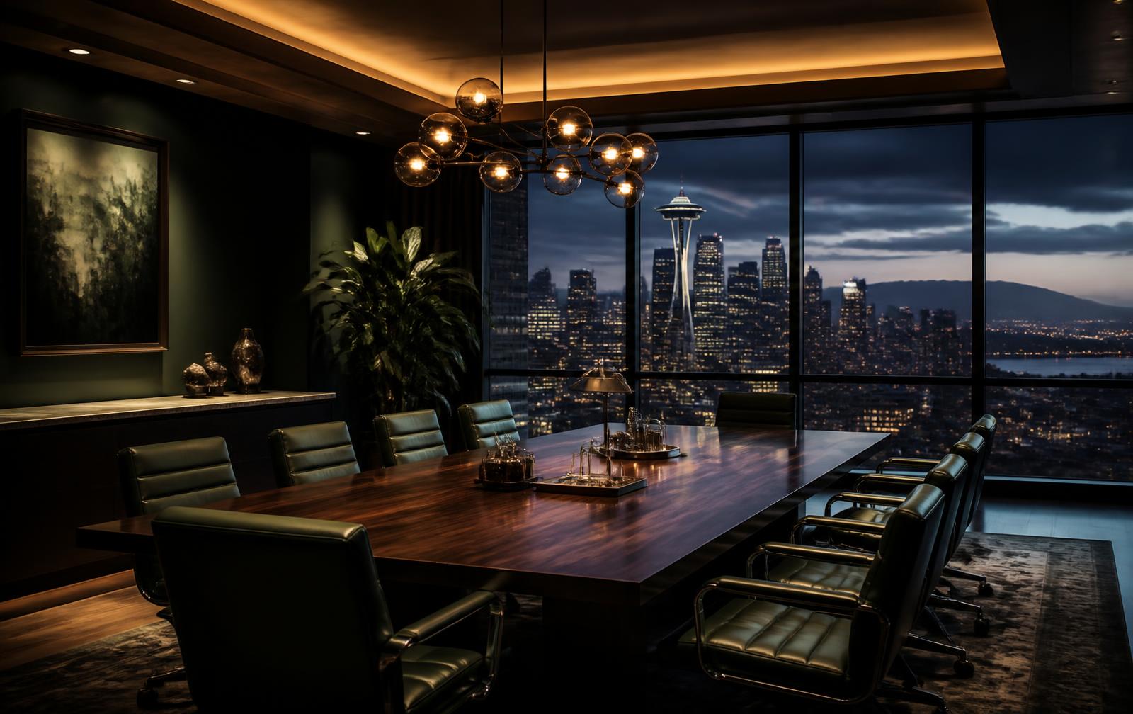 Boardroom at dusk overlooking the Puget Sound skyline in Tacoma, Washington